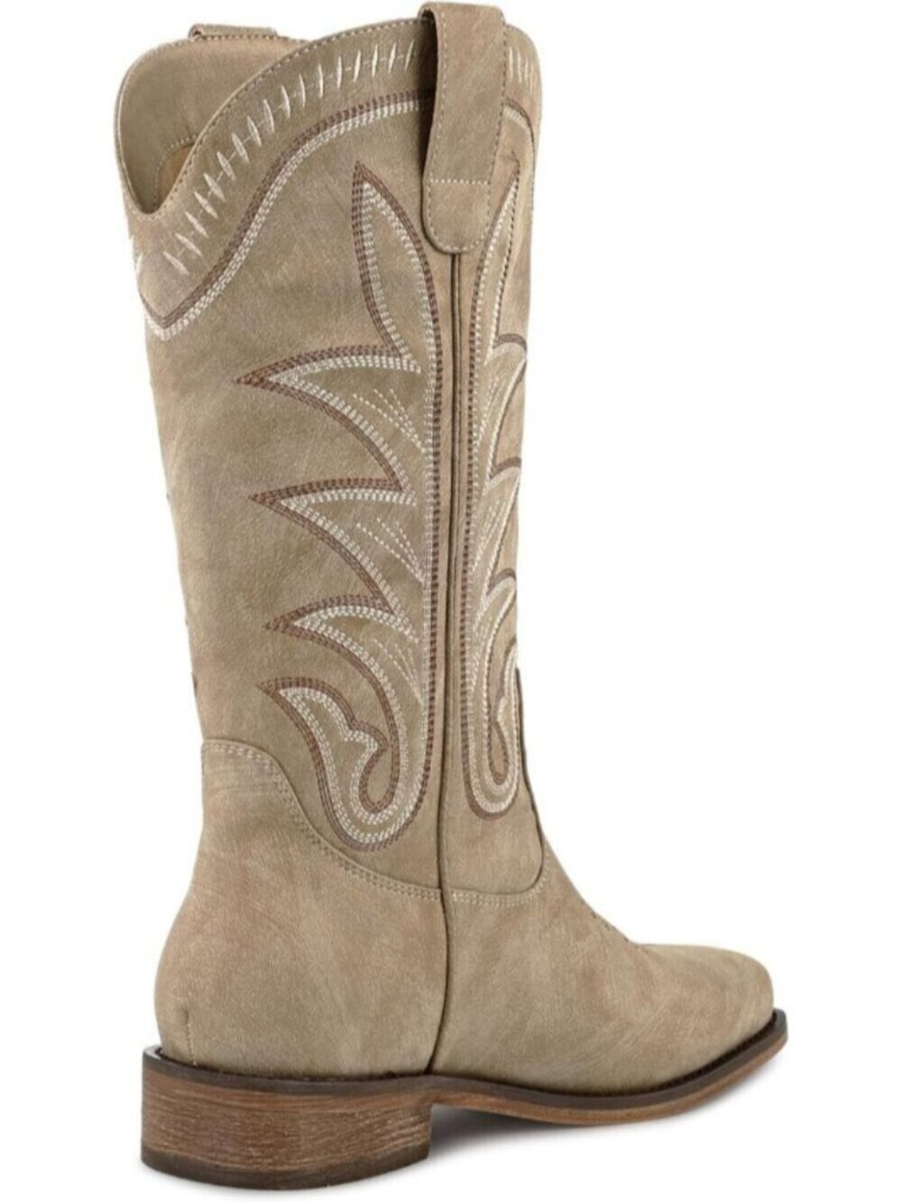 Women's Beige Square Toe Mid Calf Chunky Heel Classic Fall Western Cowgirl Boots - Picture 5 of 7